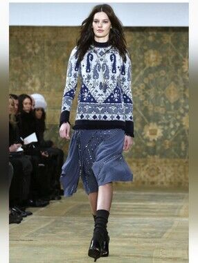 Tory Burch Malibu Blue Fringe Wool Lisbon Runway Sweater